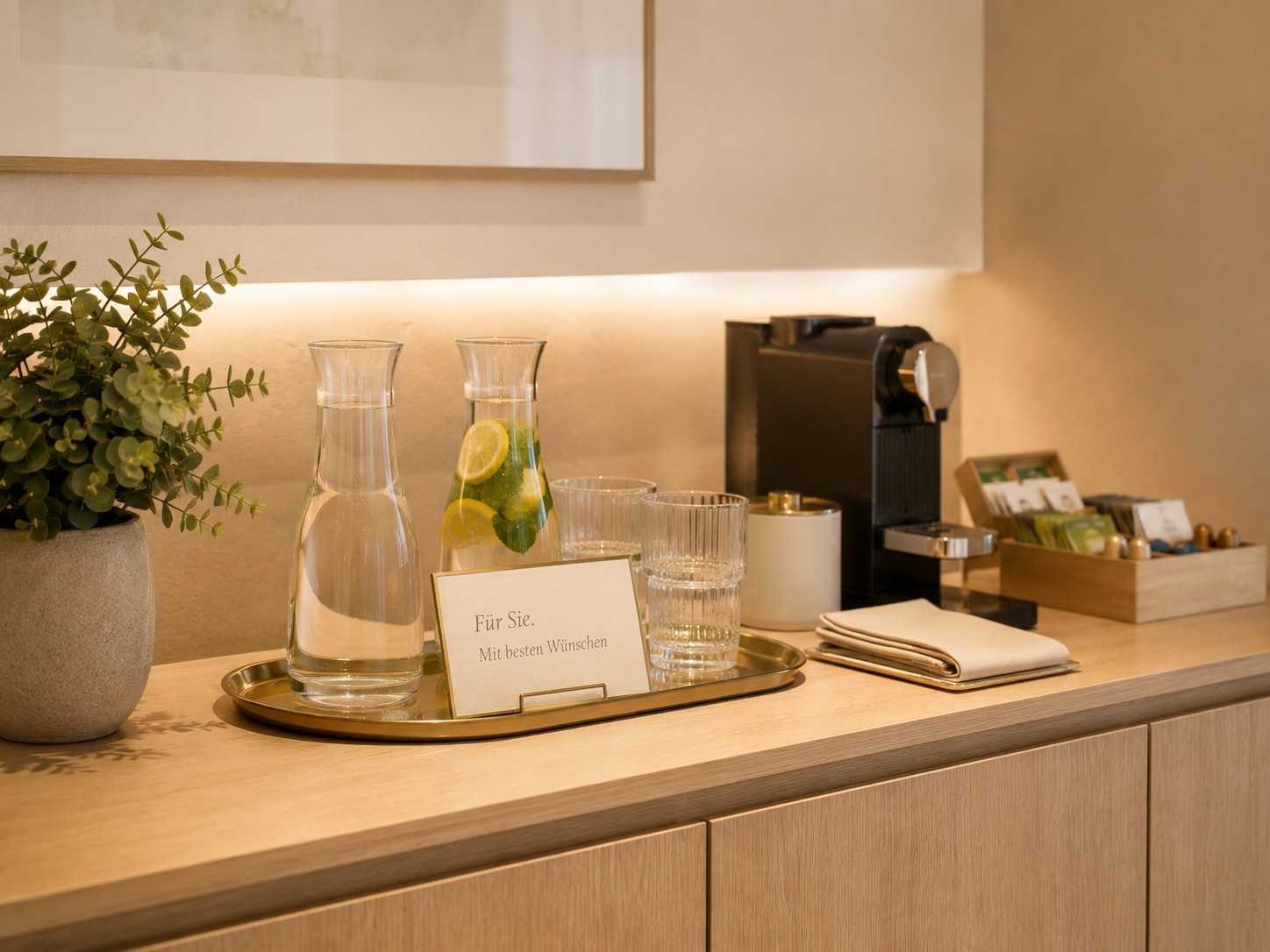 Wasser, Tee und Kaffee – ein Aufmerksamkeitsdetail aus der Vorlage